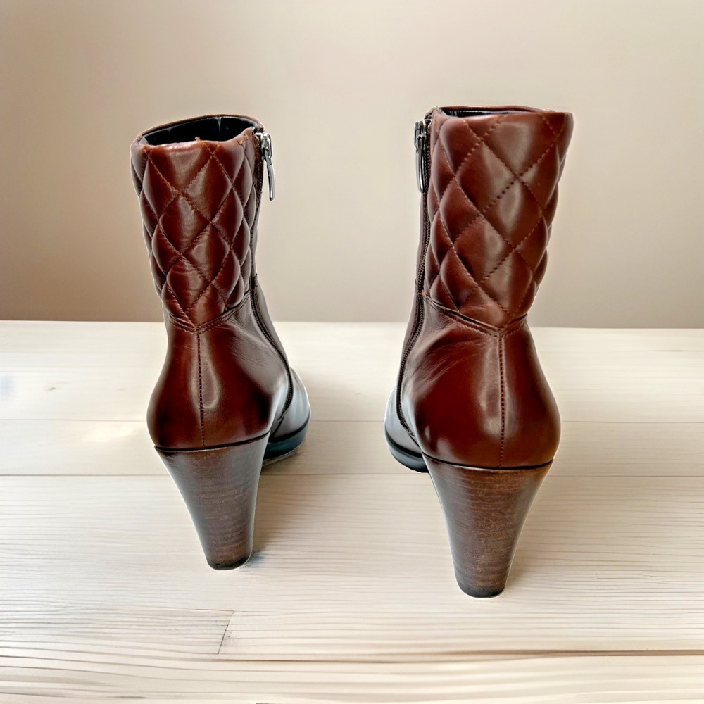 ECCO Brown Leather Block Heel Ankle Boots EU 41 US 10 Quilted Collar Zip Comfort - Picture 3 of 13